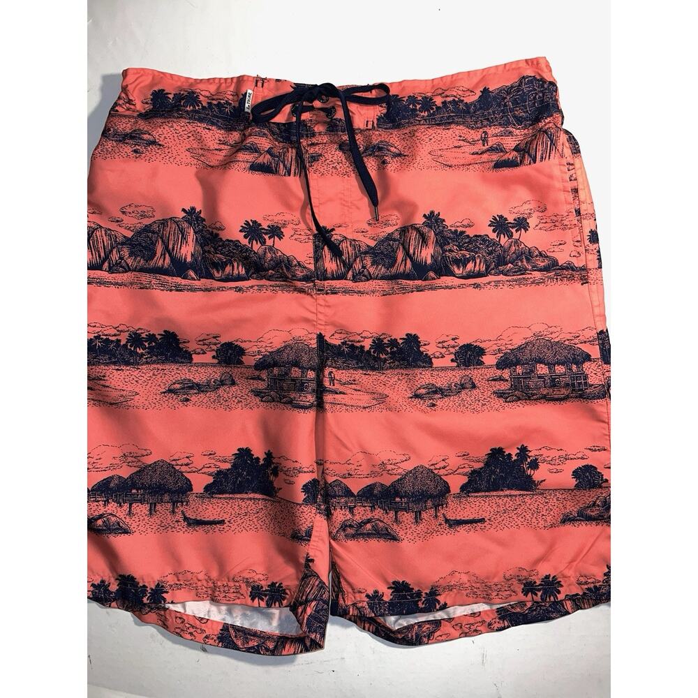 VINTAGE LE TIGRE PINK & NAVY PALM ISLAND SCENE SWIM SHORTS TRUNKS SIZE XL
